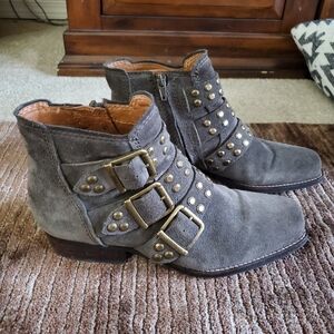 Zodiac Charcoal Suede Ankle Boots with Studded Buckles